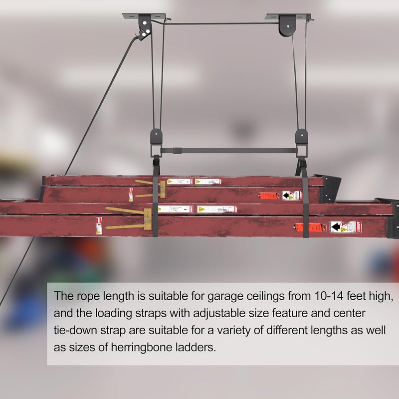 TRUSOON Ladder Storage, Larger Pulley Ladder Hoist, Self Locking Function Ladder Hanger, Garage Ceiling Mount Lift System for Kayak, Cargo Box, Canoe, Bike,Fit 10-14 Foot Ceilings, Hold 150 lbs - Image 5